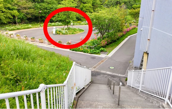 階段を下りた斜め左先に集合場所がございます！