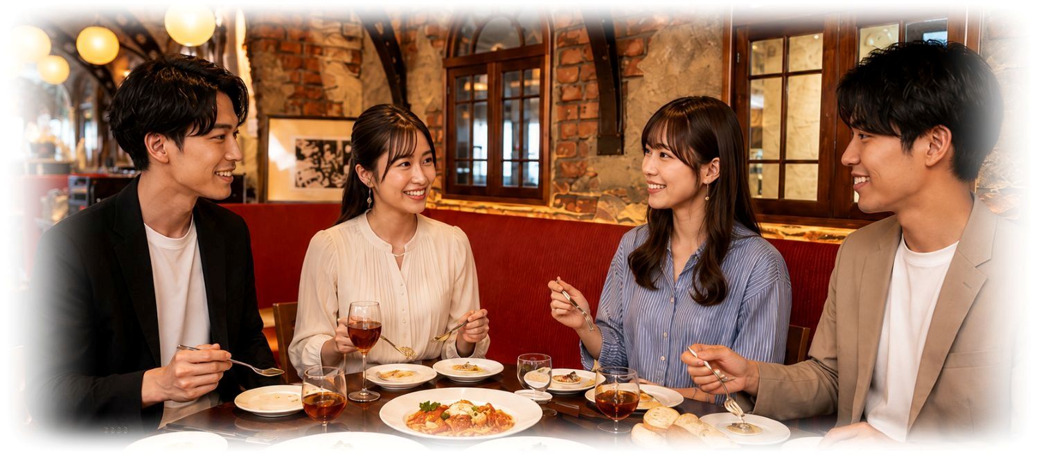 男女4人がランチを楽しんでいる