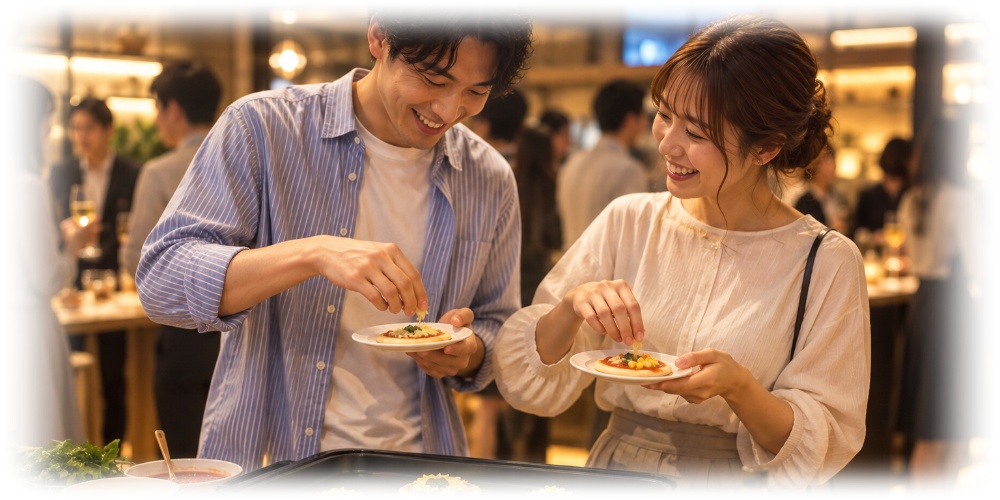 プチピザを作っている男女
