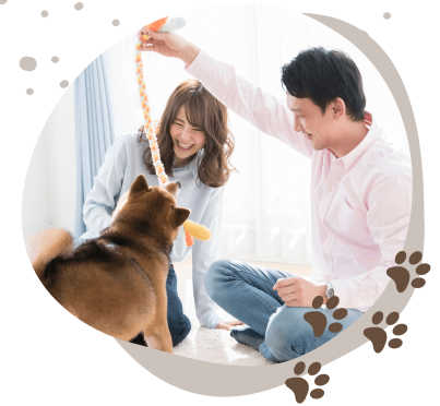 犬と遊んでいる男女