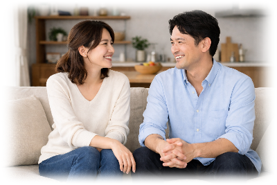 リビングで笑いあっている男女