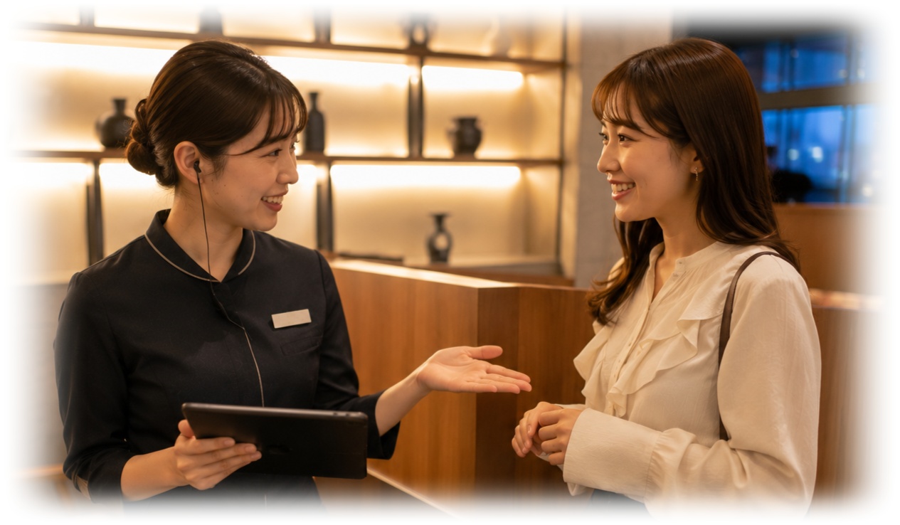 スタッフが女性のお客様に案内をしている