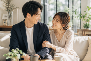 床に座って寄り添う男女